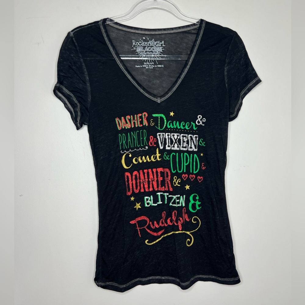 Rocker Girl black V-neck holiday Christmas t shirt. Fun glitter accents. Sheer.